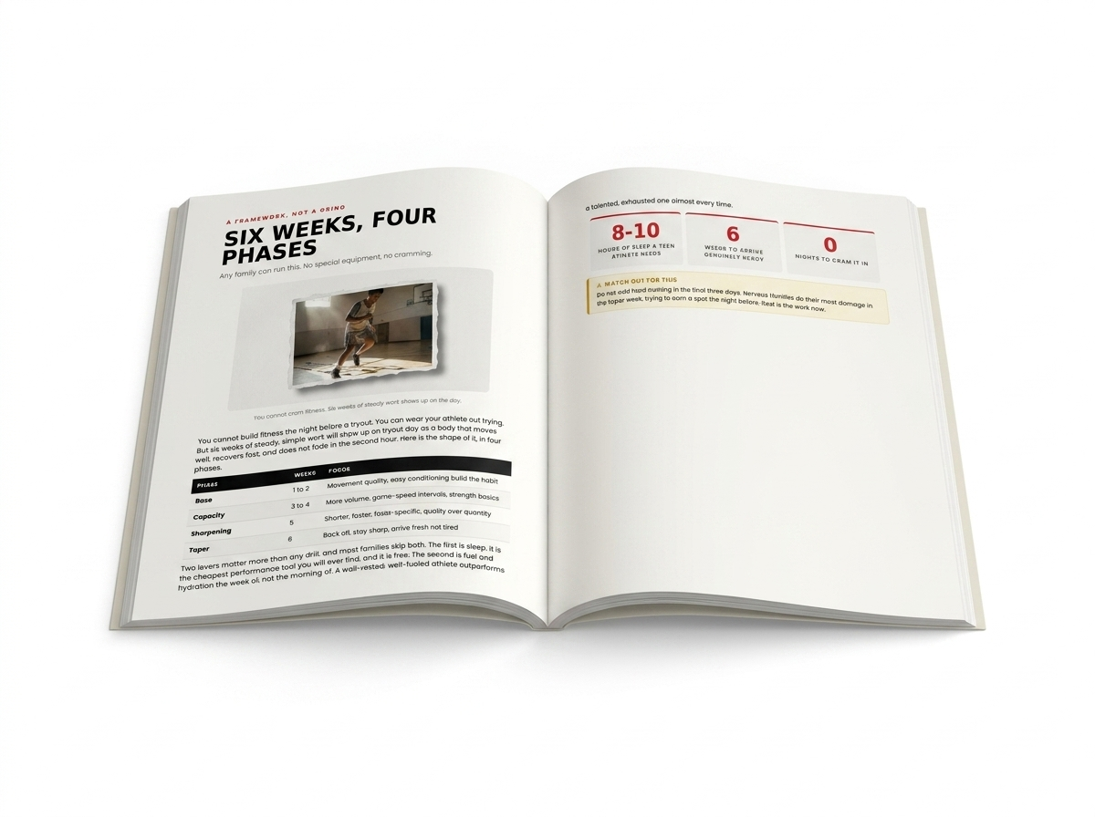 Inside The Tryout Playbook, open book showing the six-week body plan spread