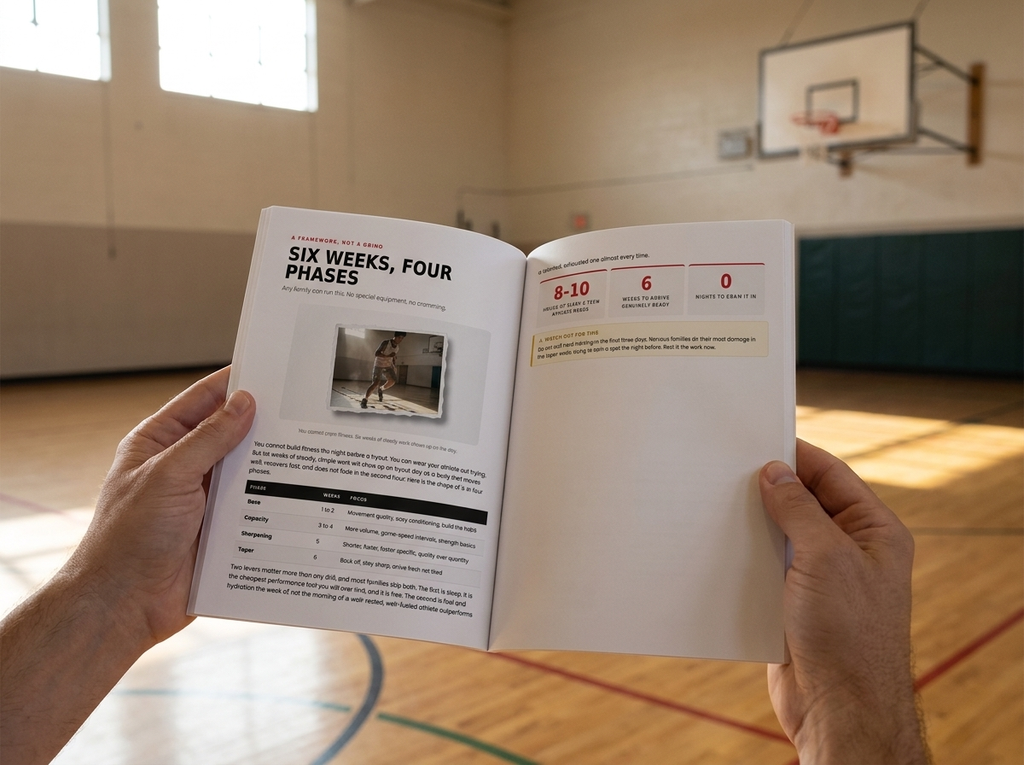 A parent holding The Tryout Playbook open in a basketball gym